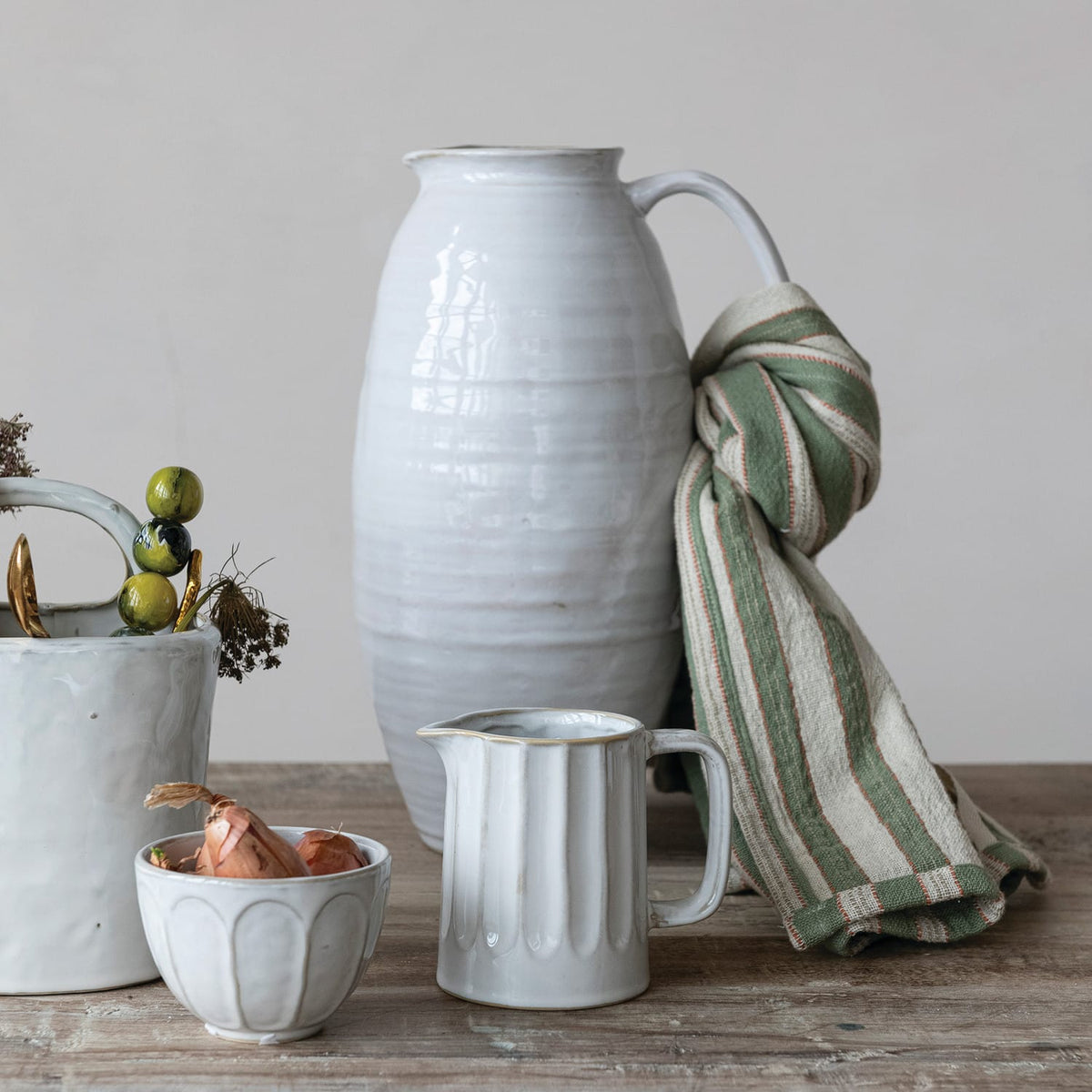 Stoneware Ribbed Creamer Pitcher 12 oz - White & Blue Reactive Glaze