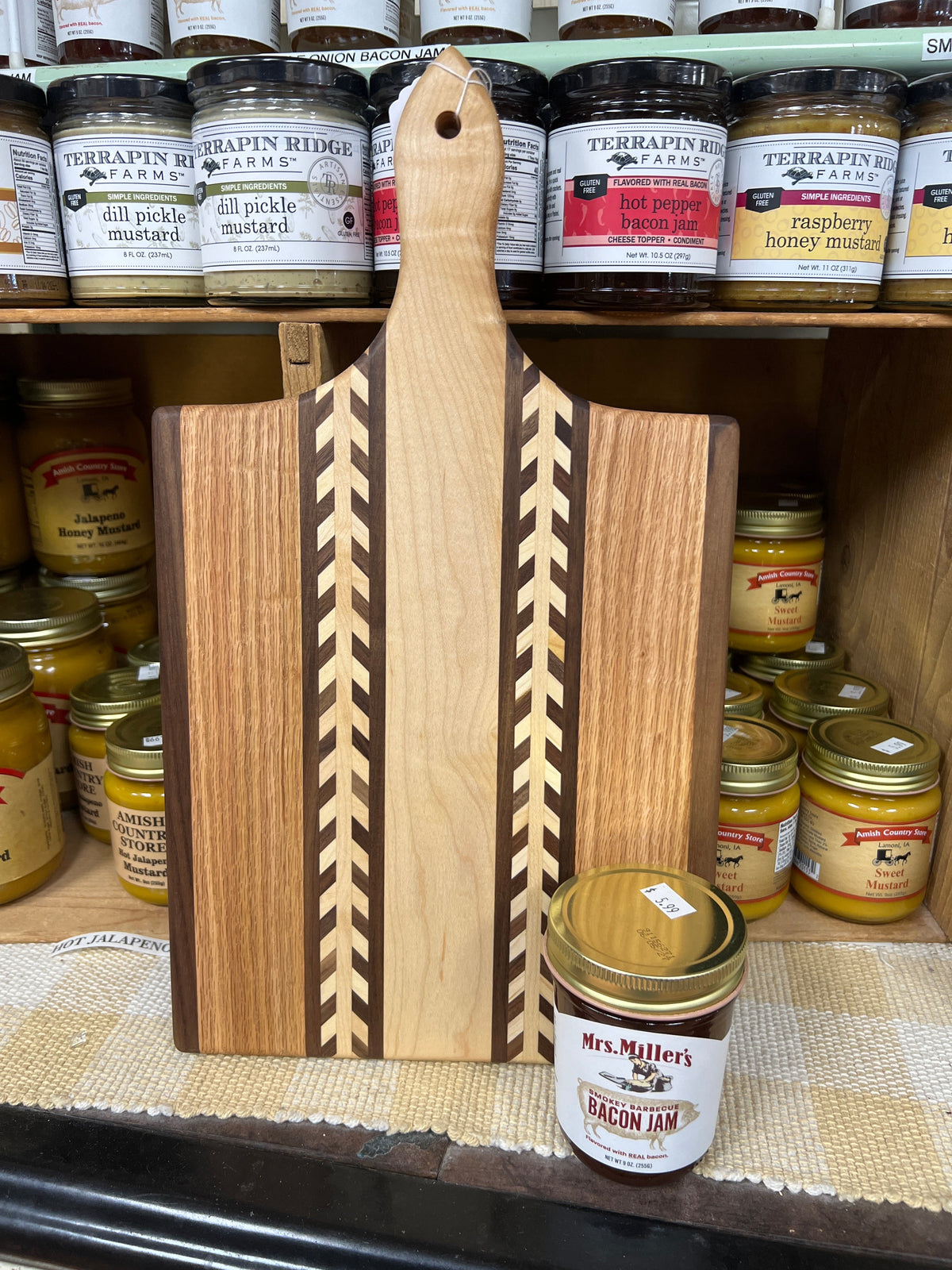 Amish Handmade "Wheat Inlay" Cutting Board - Mixed Hardwood Paddle