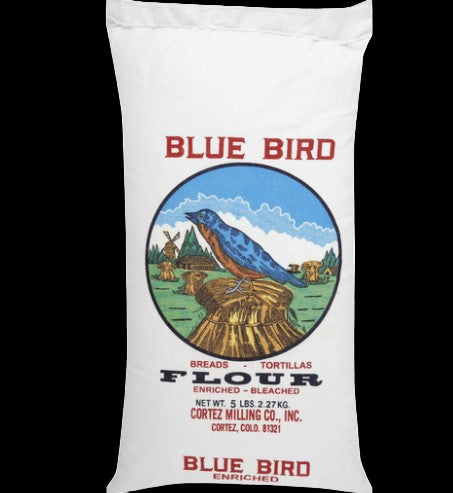 Blue Bird Native American Frybread Flour packed in a 5 lb Reusable Cotton Bag. Perfect for Breads, Donuts, Cakes, and Pastries.
