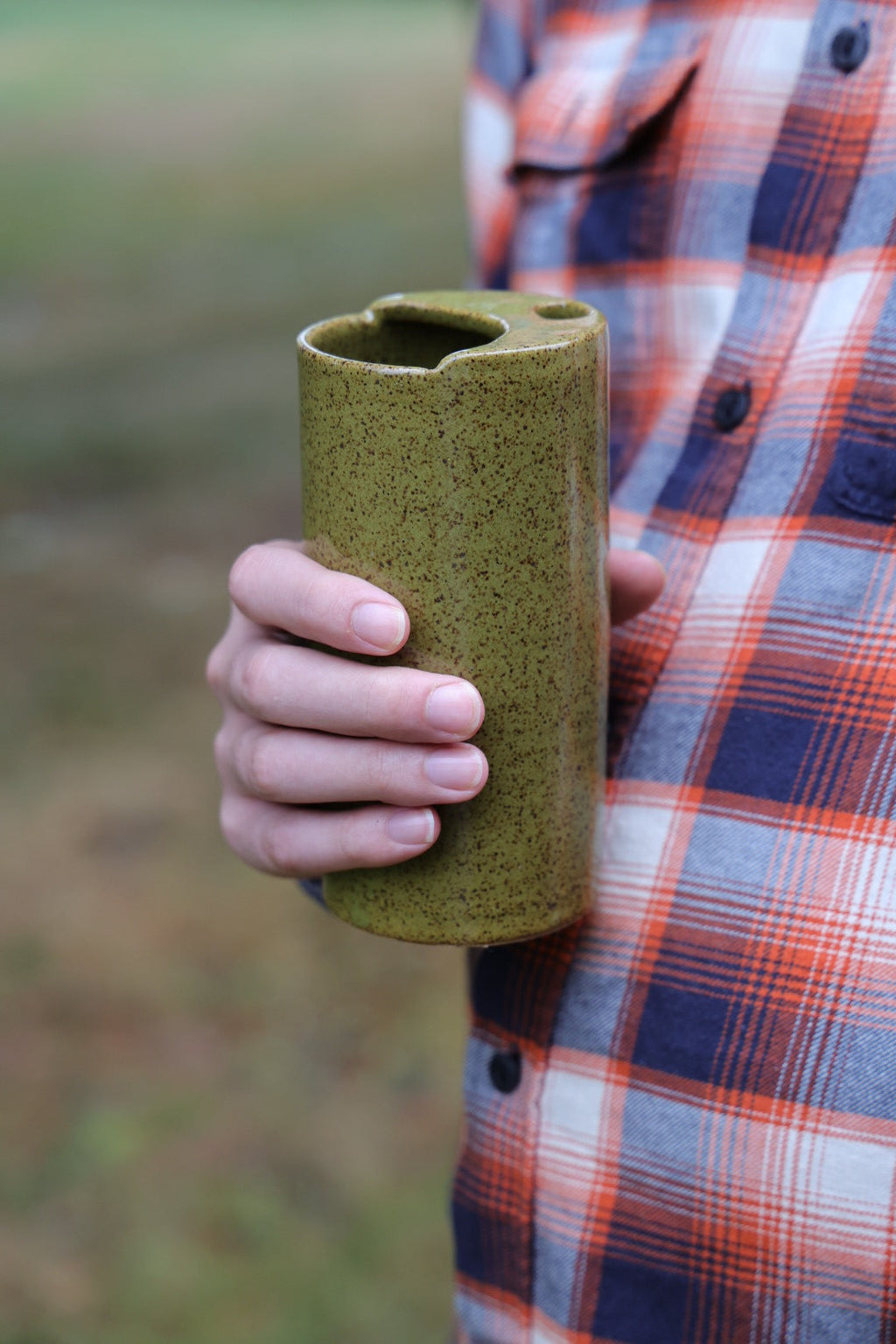 Olive Green Crescent Moon Top Travel Mug, Travel Tumbler, Ceramic Stoneware Hand Thrown in Maine 14-16oz