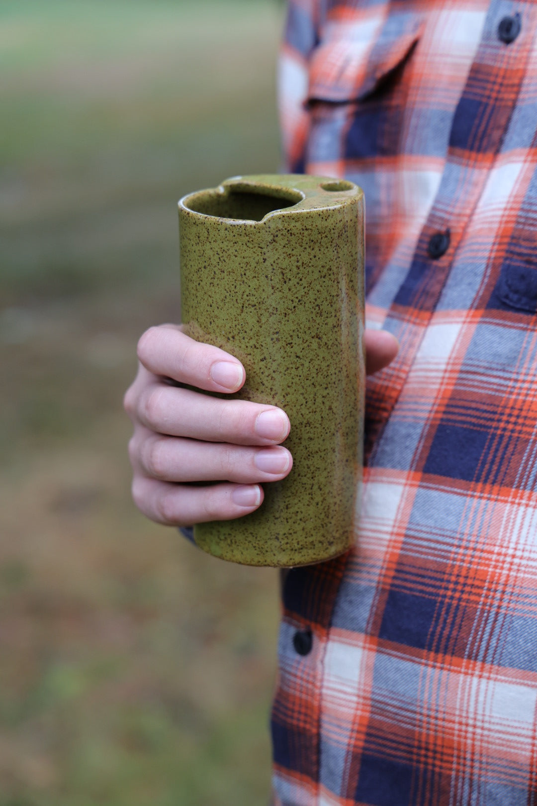 Olive Green Crescent Moon Top Travel Mug, Travel Tumbler, Ceramic Stoneware Hand Thrown in Maine 14-16oz