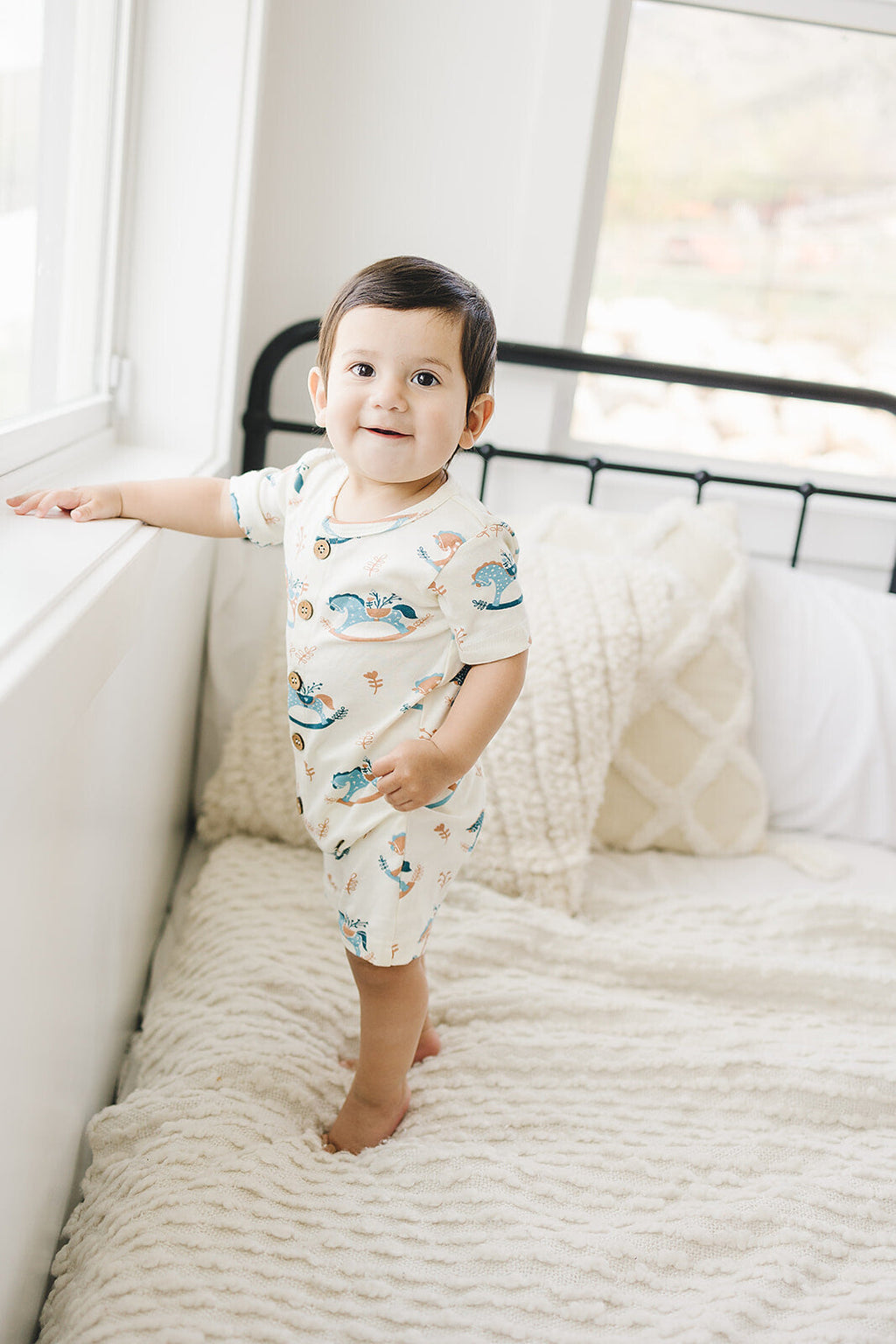 GOTS Certified Organic Cotton Short Sleeve Romper - Rocking Horse