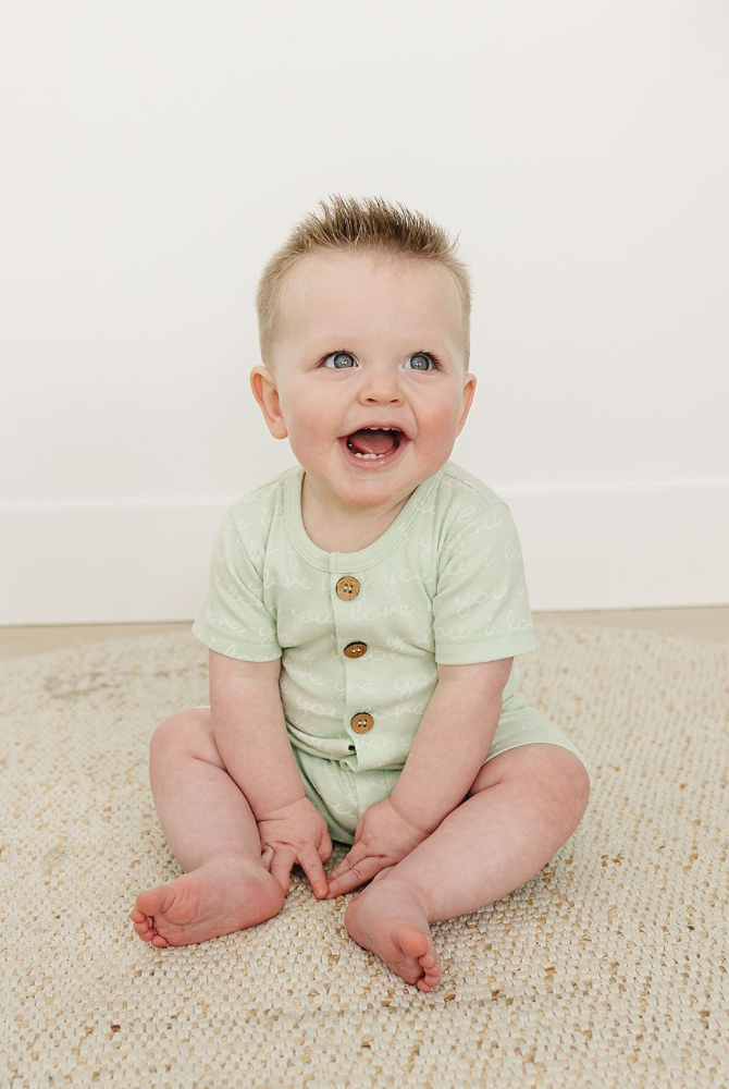 GOTS Certified Organic Cotton Short Sleeve Romper - I Love You (Desert Green)