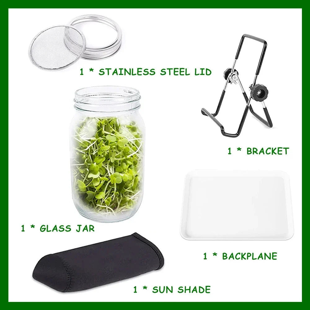 Seed Sprouting Jar Kit Durable Glass Bean Sprouts Growing Kit with Stainless Steel Screen Sprout Lids Stands Shading Cloths Tray