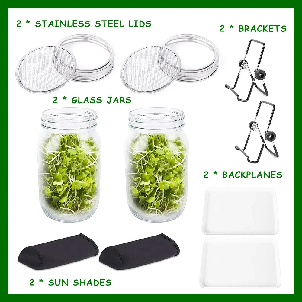 Seed Sprouting Jar Kit Durable Glass Bean Sprouts Growing Kit with Stainless Steel Screen Sprout Lids Stands Shading Cloths Tray