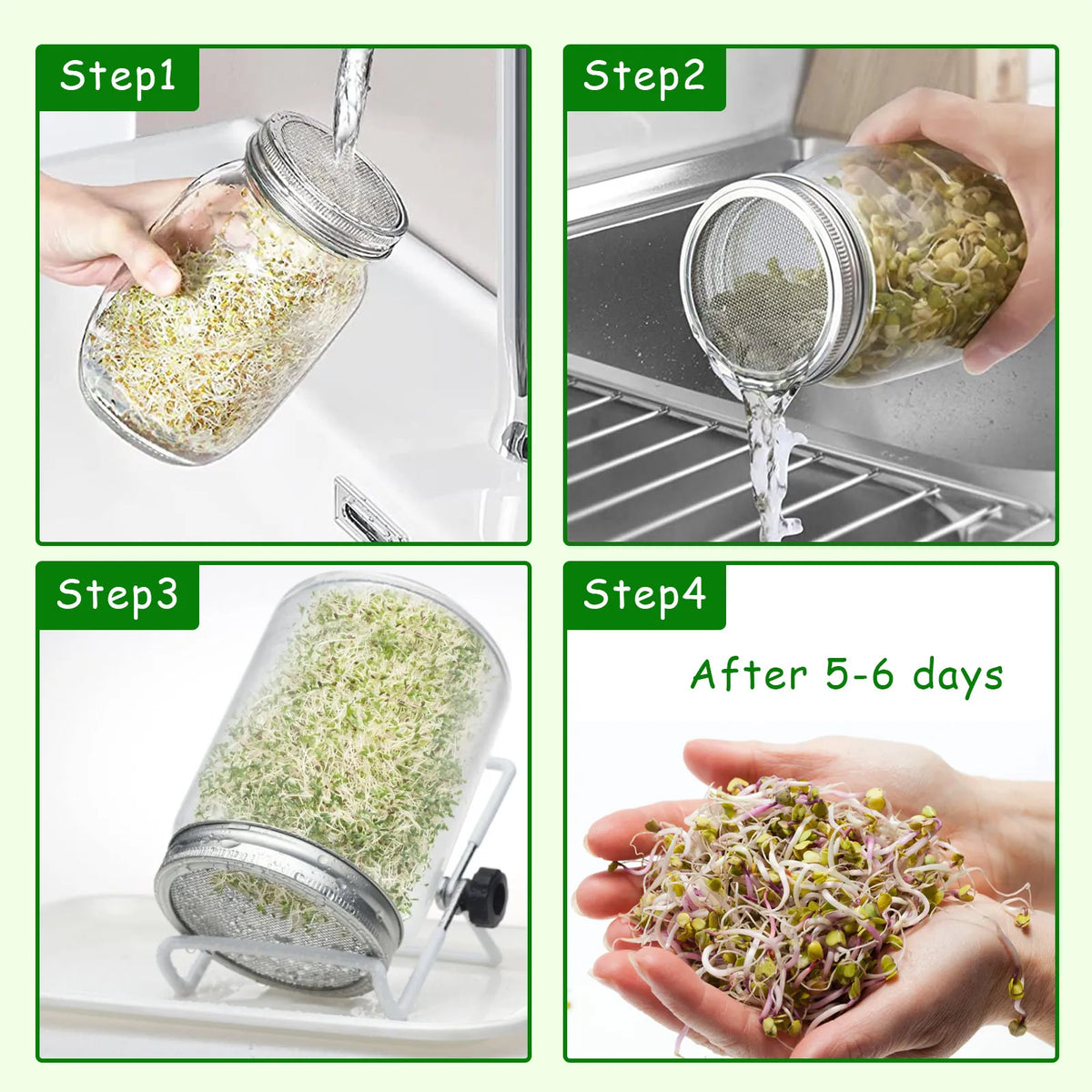 Seed Sprouting Jar Kit Durable Glass Bean Sprouts Growing Kit with Stainless Steel Screen Sprout Lids Stands Shading Cloths Tray