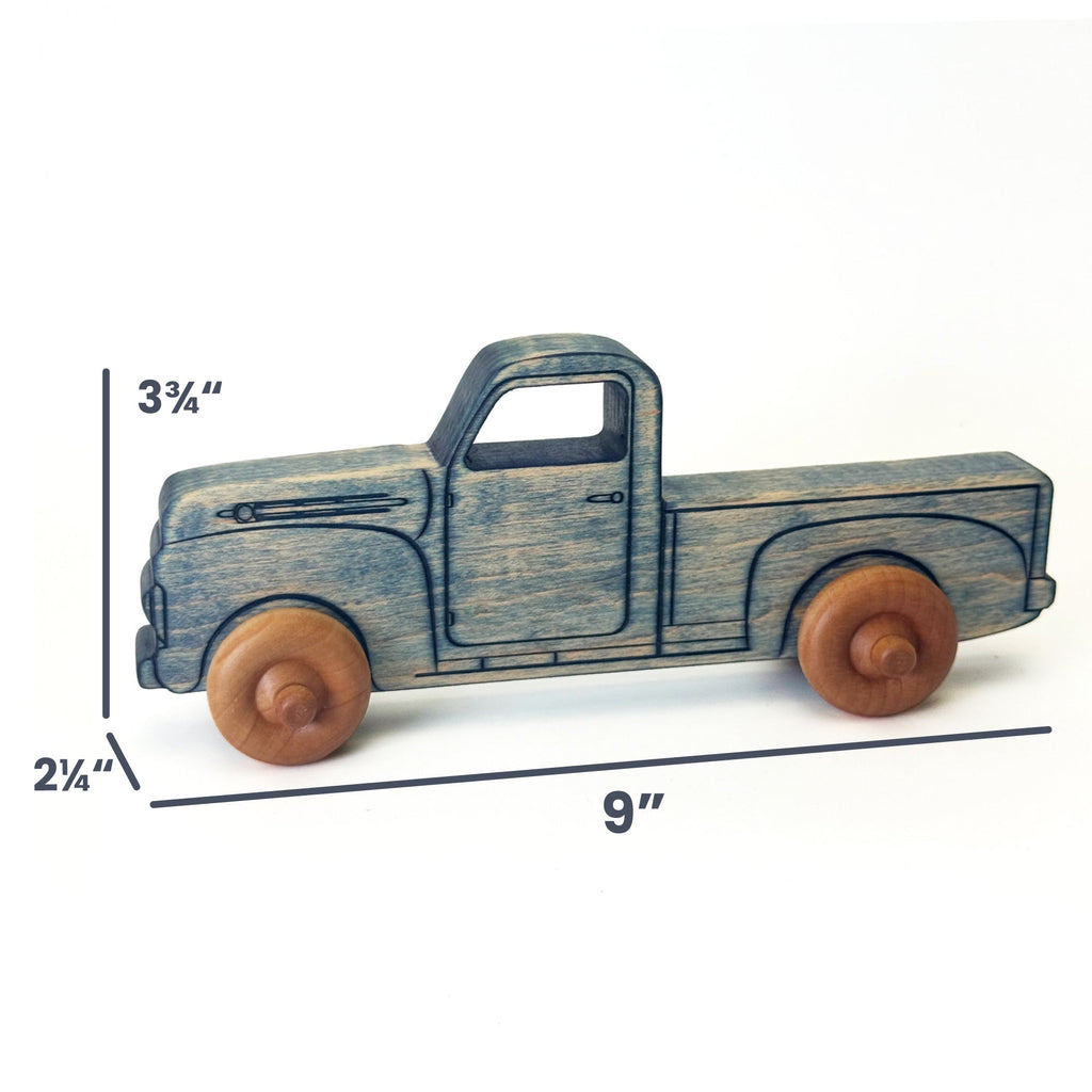 Montessori Educational 9" Vintage Blue Wooden Pickup Truck for Toddlers 1–3 | Eco-Friendly Maple Wood Toy | Made in the USA 🇺🇸
