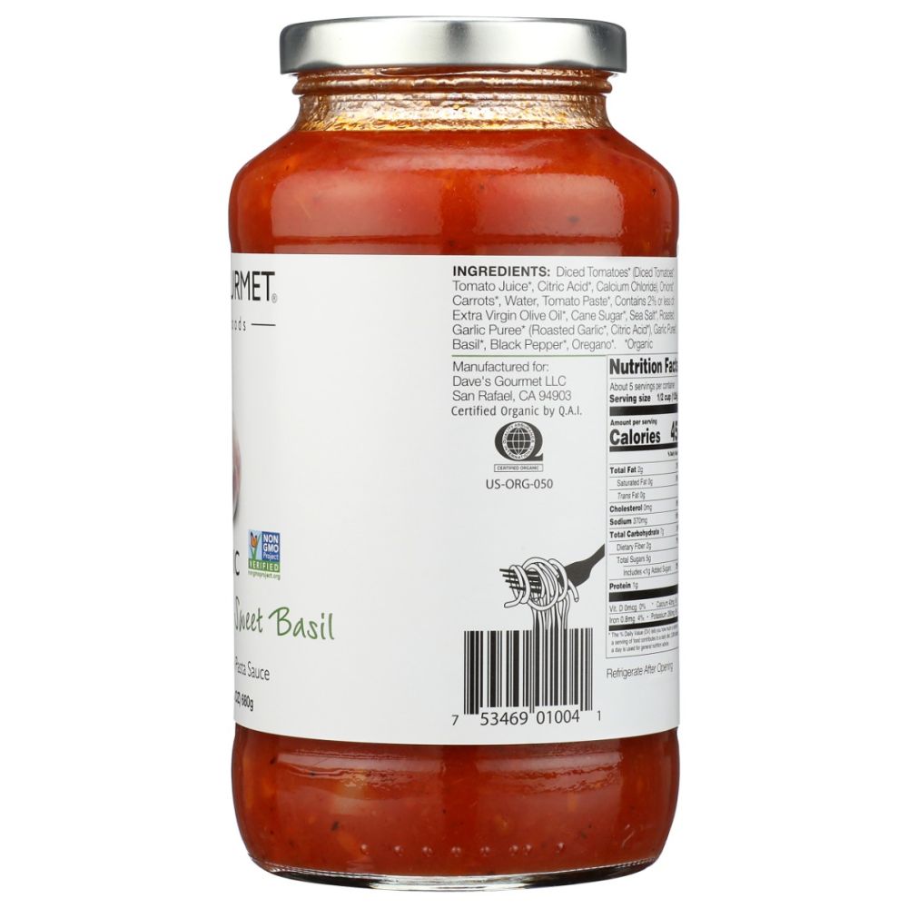 DAVES GOURMET: Organic Roasted Garlic and Sweet Basil Pasta Sauce, 24 oz