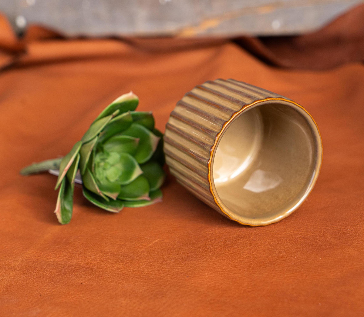 Orange Ribbed Ceramic Planter